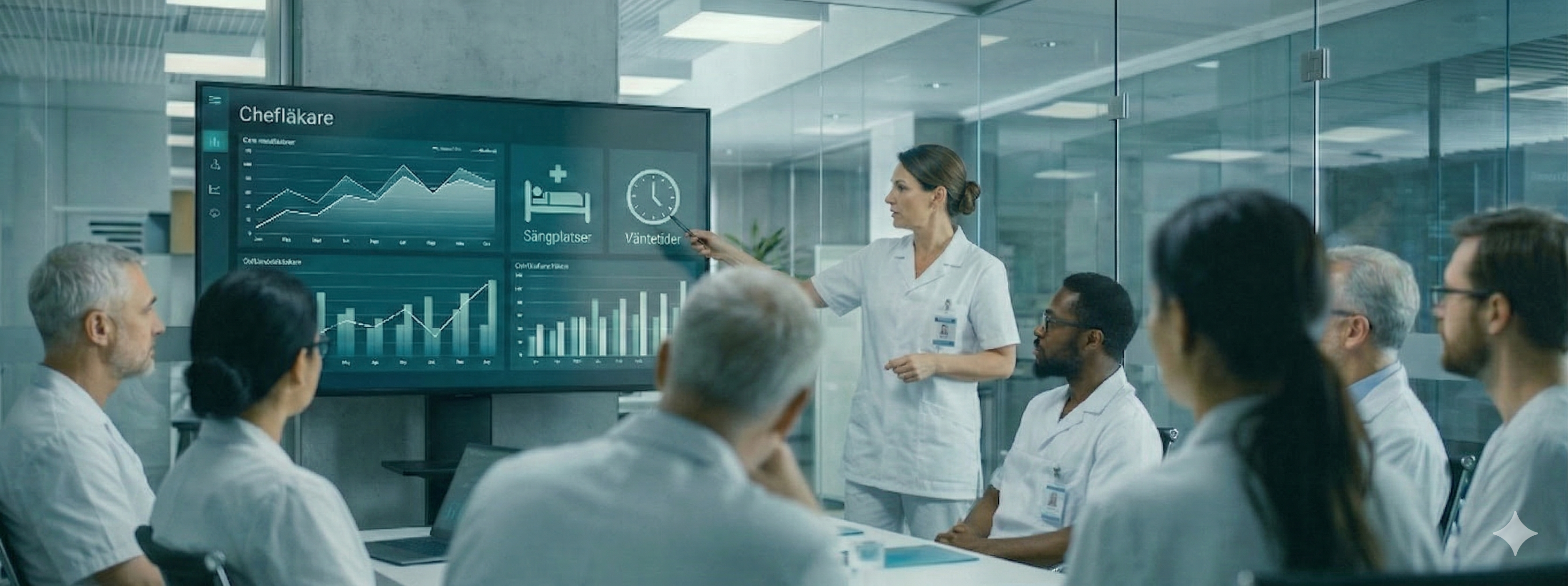 Vårdteam i mötesrum där läkare presenterar hälsodata och statistik på stor skärm