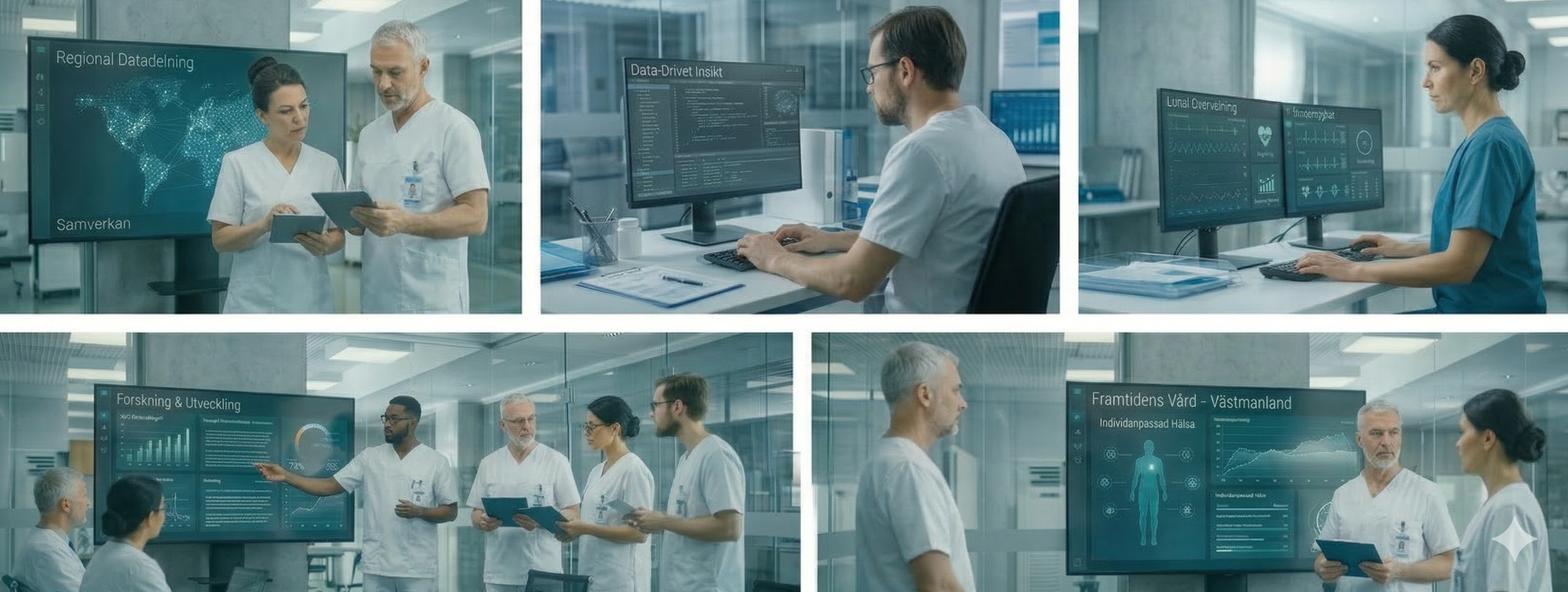 Kollage med vårdpersonal som arbetar med hälsodata: regional dataöverföring, dataanalys vid dator och teamsamarbete kring digitala patientuppgifter